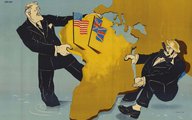Egy, a német megszállás alatt lévő Franciaországban készült térkép, amelyen Franklin D. Roosevelt amerikai elnök és Winston Churchill brit miniszterelnök Afrikát próbálja magához húzni
