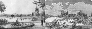 A csónakokkal teli Városligeti-tó az 1840-es években (balra), a jobboldali képen az eliszaposodott tó rendbetétele 1865-ben (5)