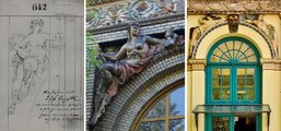 Balra nőalak a művészet jelképeivel a Zsolnay gyár mintakönyvéből, középen a megvalósult szobor mai állapotában a városligeti épület homlokzatáról, jobbra pedig a műcsarnoki párkányfigurák ugyancsak 1885-ből származó változatai a Sikorski ház főbejárata fölött