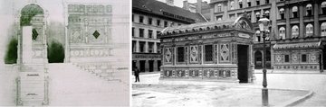 Schickedanz Albert tervrajza a Gizella téri pavilonokról (balra), jobbra a földalatti végállomás lejáróiról az átadás idején készült fotó (8)