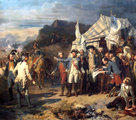 Rochambeau francia és Washington amerikai tábornok kiadják utolsó parancsaikat a yorktowni csata előtt, 1783.