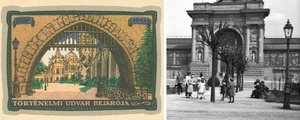 Katonás rendben sorakozó gázkandeláberek a Vajdahunyadvára bejáratát ábrázoló, 1913-as grafikus képeslapon (balra), jobbra pedig a korábbi felvételekről már ismert, tipikus pesti gázlámpa egyik példánya az Iparcsarnok előtt, 1916-ban készült felvételen (8)
