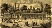Az 1860-ban készült acélmetszeten a ligeti vendéglő nyüzsgő udvarát láthatjuk érkező kocsival, elegáns lovassal, karikát kergető gyerekkel. Az emberek között ott szaladgálnak az őket kísérő kutyák is (2)