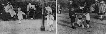Játszótér híján 1916-ban a sétány padjai előtt játszottak a kisgyermekek azzal, amit épp találtak: a legközelebbi gázkandelábert kerülgették (balra), vagy a kaviccsal felszórt sétány használták alkalmi homokozónak (jobbra). Az utóbbi kép aláírása így szól: A gyermekjátszótéren. Ennek ellenére csupán egy szabadon hagyott, kisebb kavicsos teret látunk, ahol még egy homokozó ládát se helyeztek el (6)