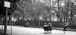Gyerekcsoport az egyik ligeti sétányon a háborús években, 1916-ban. A kép bal oldalán, faoszlopon a használati szabályokra figyelmeztető tábla látható (9)