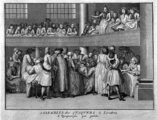 Egy kvéker gyűlés ábrázolása egy 18. századi metszeten