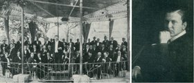 A Székesfővárosi Állatkert szimfonikus zenekara az állatkerti zenepavilonban, (balra), jobbra pedig a világkarriert befutó karmester, Reines Frigyes 1914-ben, városligeti fellépése idején
