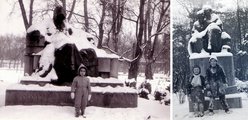 Egy meleg kezeslábasba öltözött lurkó Anonymus hótakaróba burkolódzott szobra előtt az 1960-as években (balra), jobbra pedig a hógolyózástól kipirult rosszcsontok Stróbl Alajos Olvasó nők szobránál, 1938-ban (3)