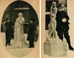 A tél vándora című, díjat nyert hószobor és alkotói (balról), jobbra pedig egy ugyancsak díjazott pályamű,  A vízhordó lány és készítője, Filus Mihály szobrásznövendék (9) 