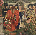 Shakespeare VI. Henrik c. drámájának jelenete Henry Payne festményén - a rivális házak támogatói piros vagy fehér rózsát választanak a templomkertben (kép forrása: Wikimedia Commons)