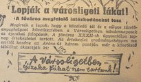 A Városligetben éjszaka fákat nem tartunk! - a fővárosi szatirikus lapban, 1945-ben megjelent, fiktív újsághír a tömegessé vált falopásokra hívja fel a figyelmet (Ludas Matyi, 1945)