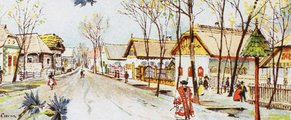 A néprajzi falu főutcája korabeli, rajzolt képeslapon (magángyűjtemény, részlet)