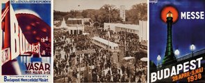 Kétoldalt vásári plakátok az 1930-as évekből, középen az 1937-es budapesti képes naptárban megjelent fotó az előző évi vásár nyüzsgő, látogatókkal teli központjáról (3)