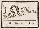 A Benjamin Franklinnek tulajdonított „Join or Die” (Összefogni vagy meghalni) című metszet, amely darabokra vágott kígyóként ábrázolja a 13 gyarmatot (az állat nyolc darabban van – a négy kolóniából álló Új-Anglia egyként szerepel, Delaware pedig ekkoriban még Pennsylvania része volt)