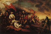 John Trumbull: Warren tábornok halála a Bunker Hill-i csatában, 1775. június 17. (1815-1831) – a képen a központi szereplő, a földön fekvő Warren tábornok mögött muskétával a kezében áll Andrew McClary ulsteri születésű katona, a háború egyik leghíresebb ír résztvevője (kép forrása: Wikimedia Commons)