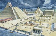 Tenochtitlán központja a főtérrel és a Templo Mayorral, az óriási kettős lépcsős piramissal