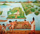 A jellegzetes azték „lebegő kertek”, azaz chinampák egy illusztráción. Az aztékok egész Mezoamerika leghatékonyabb mezőgazdasági módszereit eszelték ki azáltal, hogy a mocsaras területeket termékeny, művelhető földdé alakították.