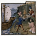 „Galahad, Percival és Bohort hozzák a Grált a Szentföldön” Évrar d'Espinques illusztrációján a „Queste del saint graal” című 1470 körül írt művében