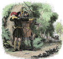 Robin Hood felhúzza íját egy kora 19. századi illusztráción, oldalán Little Johnnal