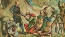 Robin Hood térdre borul Oroszlánszívű Richárd király előtt a Vidám Fiúk körében