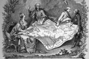 Az első, 1772. évi felosztás ábrázolása: II. (Nagy) Katalin orosz cárnő (b), II. Szaniszló Ágost lengyel király (k), valamint II. József osztrák császár és II. (Nagy) Frigyes porosz király (j) civakodnak a térkép felett