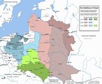 Lengyelország megsemmisülése az évtizedek során (barnával az orosz, zölddel a Habsburg, kékkel a porosz területi nyereségek) (Kép forrása: Wikipédia/ Halibutt/ CC BY-SA 3.0)
