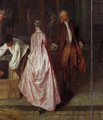 A festmény bal oldalán rózsaszín ruhás nő lép oda egy faládához