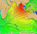 A cunami terjedésének időbeli térképe