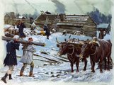 Az amerikai Kontinentális Hadsereg katonái téli szálláshelyeiket építik a New Jersey-i Morristownban, 1779-1780 telén.