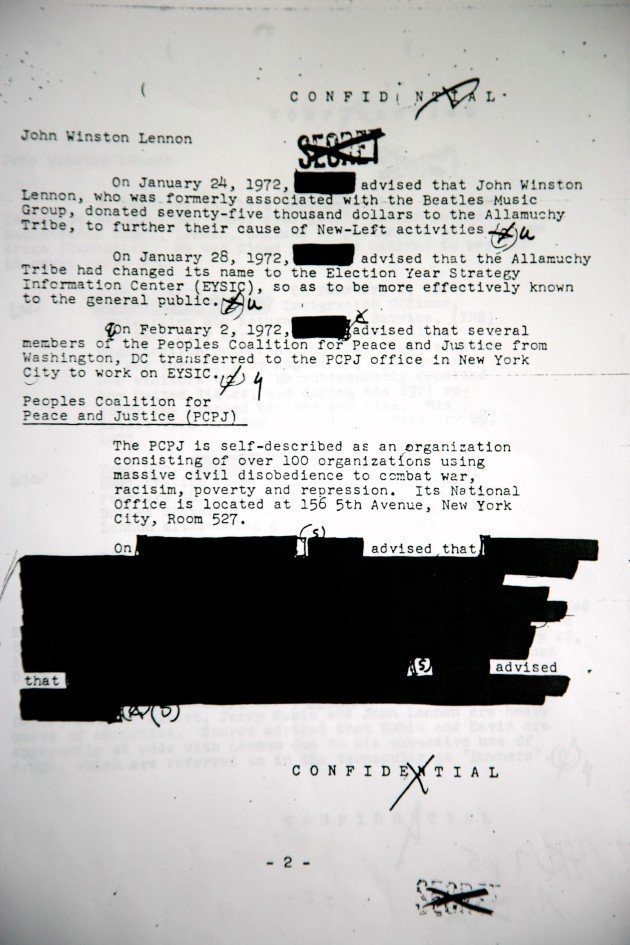 Lennon FBI-aktájának egyik lapja, melyen politikai szervezeteknek való adakozását és e szervezetek kommunikációját követték 1972 elején