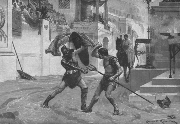 Egy hálóval és szigonnyal felfegyverzett retarius gladiátor küzdelme egy pajzzsal és tőrrel felszerelt secutor ellen. E két specialistát általában az egymás elleni küzdelemre képezték ki.