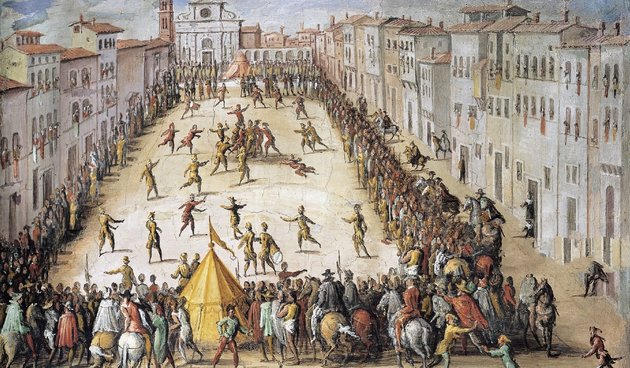 Korabeli futball-mérkőzés ábrázolása a firenzei Piazza Santa Maria Novellán