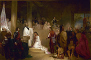 John Gadsby Chapman: Pocahontas megkeresztelése (1850). A képen Pocahontas mögött John Rolfe szerepel.