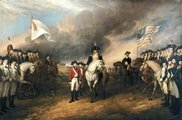 Lord Cornwallis megadja magát és seregét a francia (balra) és amerikai (jobbra) csapatok előtt Yorktownnál, 1783-ban