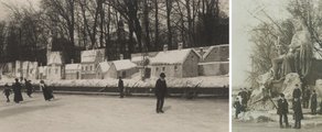 A középkori Pest hóval borított házait ábrázoló díszlet a tó partján (balról), a jobboldali képen pedig a pipázó Stróbl Alajos és a jégünnepély szervezői az elkészült alkotás előtt. A király méltóságteljes, ülő alakját, amint a felvételen látható, két oldalról hóból formázott oroszlánok őrizték (7)