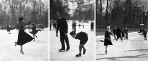 Jelenetek a műjégpályáról a két világháború közötti évekből (balra és középen Fortepan / Magyar Bálint, 1935, jobbra Fortepan / Romák Éva, 1938)