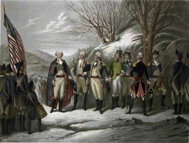 George Washington (b) tisztjeivel, köztük De Kalbbal, Von Steubennel, Pułaskival, a szintén lengyel Kosciuszkóval, Lafayette-tel és Muhlenberggel a függetlenségi háború idején