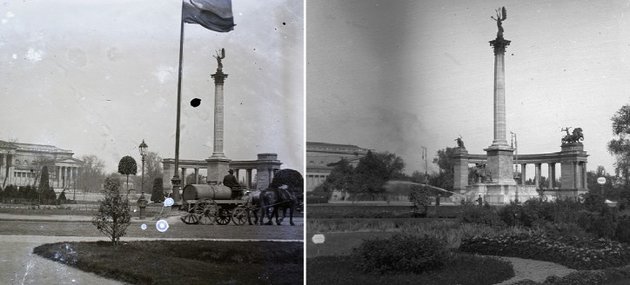 A hídhoz vezető út eleinte nem is volt kikövezve, ligeti sétánynak tekintették, a porfelverődés ellen pedig, a park többi sétányához hasonlóan, locsolással védekeztek. (balra: Fortepan / Magyar Földrajzi Múzeum, Kerekes J. Zoltán, 1909, jobbra: Fortepan / Schoch Frigyes, 1914)