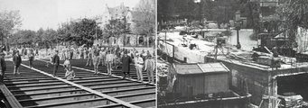 Az Aréna úti (ma Dózsa György út) állomás készülőben lévő tetőszerkezete 1895-ben, az építkezésen dolgozók munkásokkal (balról), jobbra pedig pillanatkép gépekkel és munkásokkal 1973-ból, a Városligeti tó alatti új szakasz építéséről (2)