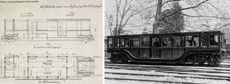 A földalatti vasút Siemens technológiájával működő, magyar felépítményű kocsijának első tervrajza (balra), jobbra pedig az egyik első elkészült motorkocsi 1896-ban készült fotón (3)