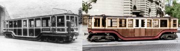 Balról az 5-ös számú, fémburkolatos kocsi átadása idején, 1896-ban, jobbról pedig a 19-es pályaszámú, faburkolatos motorkocsi a felszíni szakaszon. A színezésbeli és formai eltérések a két cég kocsijai között jól kivehetők (6)