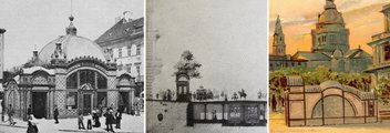 A Brüggemann György által tervezett Deák téri pavilon (balra), középen korabeli metszetrajz az Andrássy úti felszíni és felszín alatti létesítményekről, jobbra pedig az Andrássy út és a Váci körút (mai Kiskörút) sarkán kialakított lejáró 19. századi, német feliratú lito képeslapon (9)