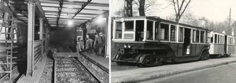 A Deák Ferenc téri állomás áthelyezésének munkálatai 1955-ben (balról), jobbra pedig az egy régi és egy új kocsiból álló, vegyes szerelvény az 1960-es években (12)