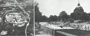 A felszíni szakasz kiváltása utáni, a Városligetet a föld alatt átszelő nyomvonal (balra), jobbról pedig a Széchenyi Fürdő előtti pályaszakasz a födém betonozása közben, 1973-ban (13)