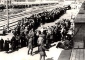 Érkező rabok szétválogatása Auschwitzban
