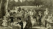 Futkározó, játszó gyerekek a zsúfolt városligeti sétányon 1902-ben. Tilos volt a park gyepére lépniük, csak a sétányon szaladgálhattak, a sétálgató, korzózó felnőttek között (5)