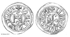 Vélhetően a Johannes Anglicus nevű pápa monogramjával és a frank császár szimbólumával ellátott ezüstdénár