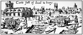 A halottakat szekérszám hordják temetni a pestis sújtotta Londonban egy korabeli metszeten