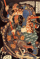 Muszasi egy kora újkori ábrázoláson legyőz egy jamazame („hegyi cápa”) nevű mitikus szörnyeteget (kép forrása: Wikimedia Commons)