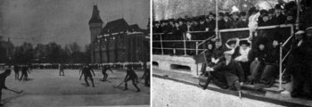 A budapesti és a bécsi „jéghockey” csapat városligeti mérkőzése 1912-ben, még nagyméretű kapukkal (balról), jobbról pedig az újdonságokra fogékony, lelkes nézőközönség (Vasárnapi Újság, 1912. 6. szám és 1909. 9. szám)